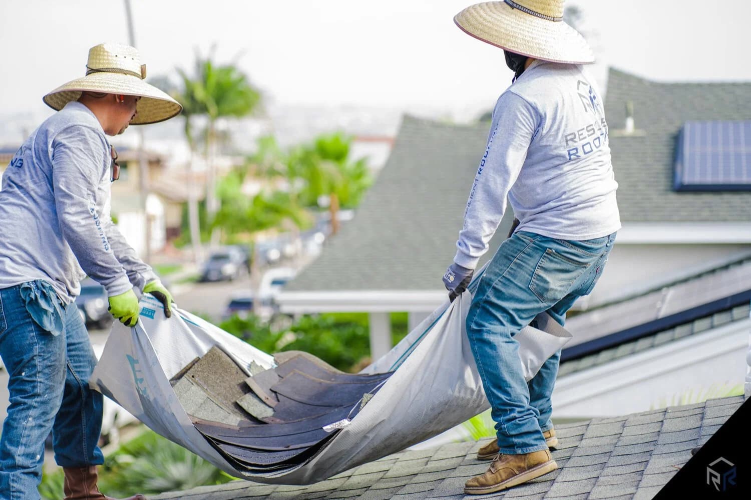 Two roofing crew members carrying a large gray membrane across a residential roof with palms behind.