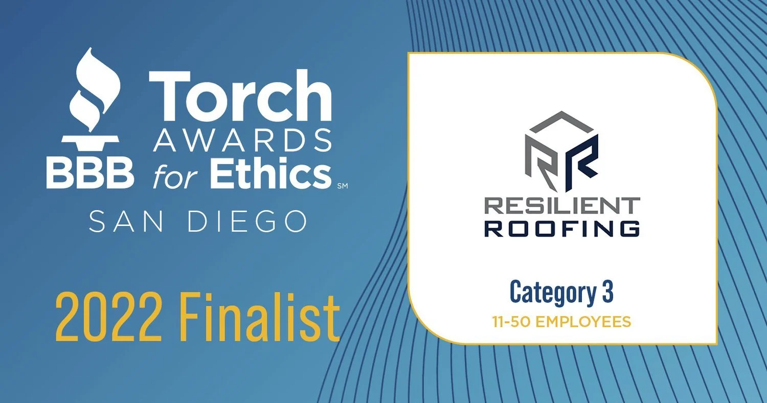 Awards certificate for Resilient Roofing, a Category 3 finalist with 11-50 employees, from the 2022 Torch Awards for Ethics by BBB San Diego.