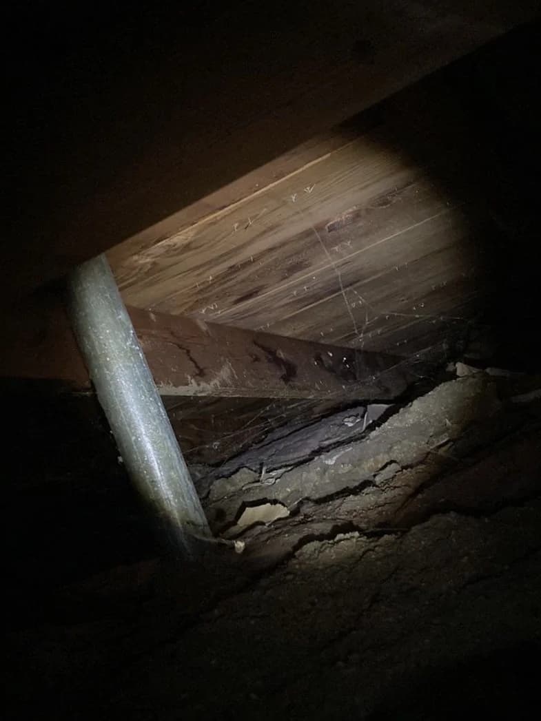A flashlight-lit attic showing water-stained wood sheathing and a rafter.