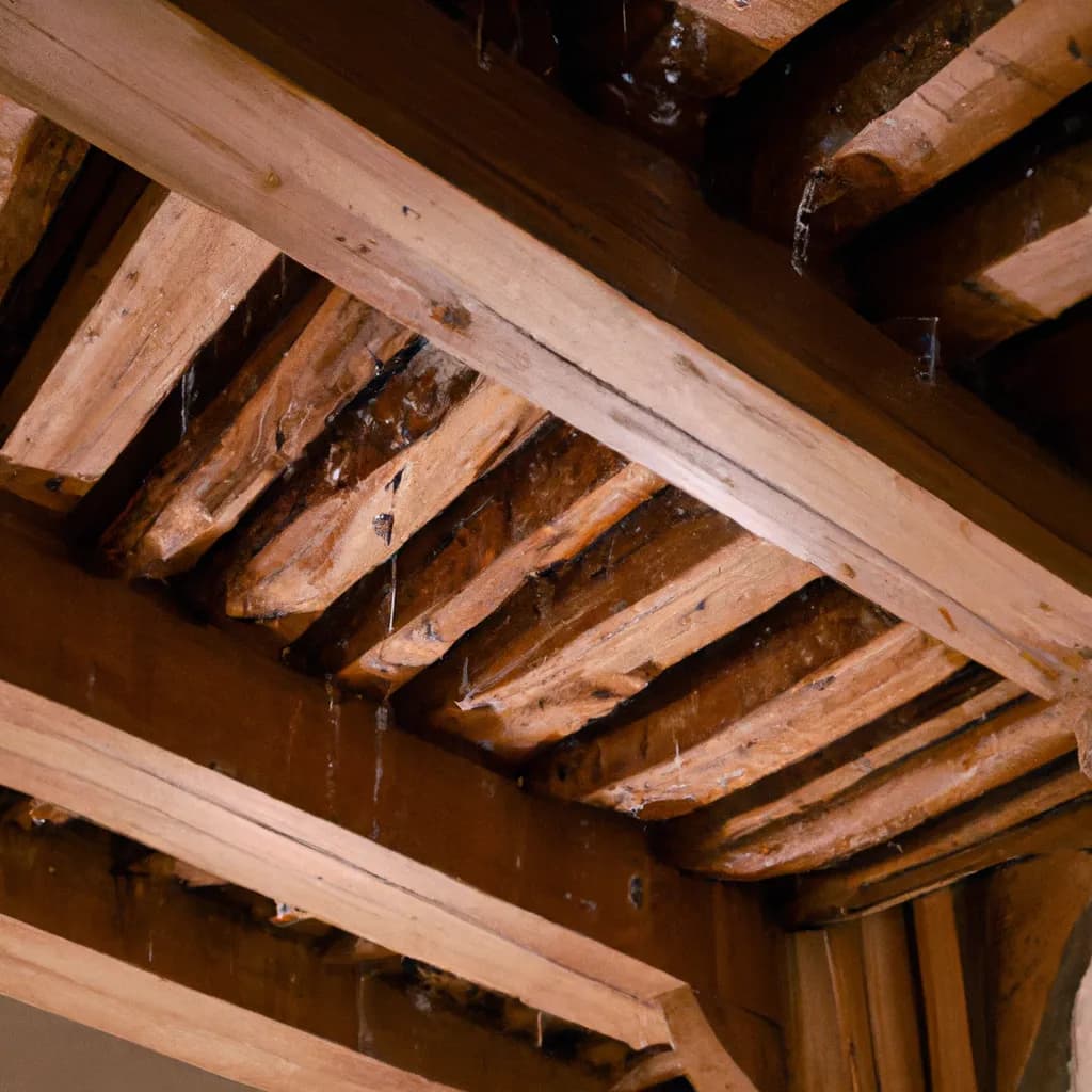 Indoor view of a wood-beam ceiling with water dripping and staining from a roof leak.