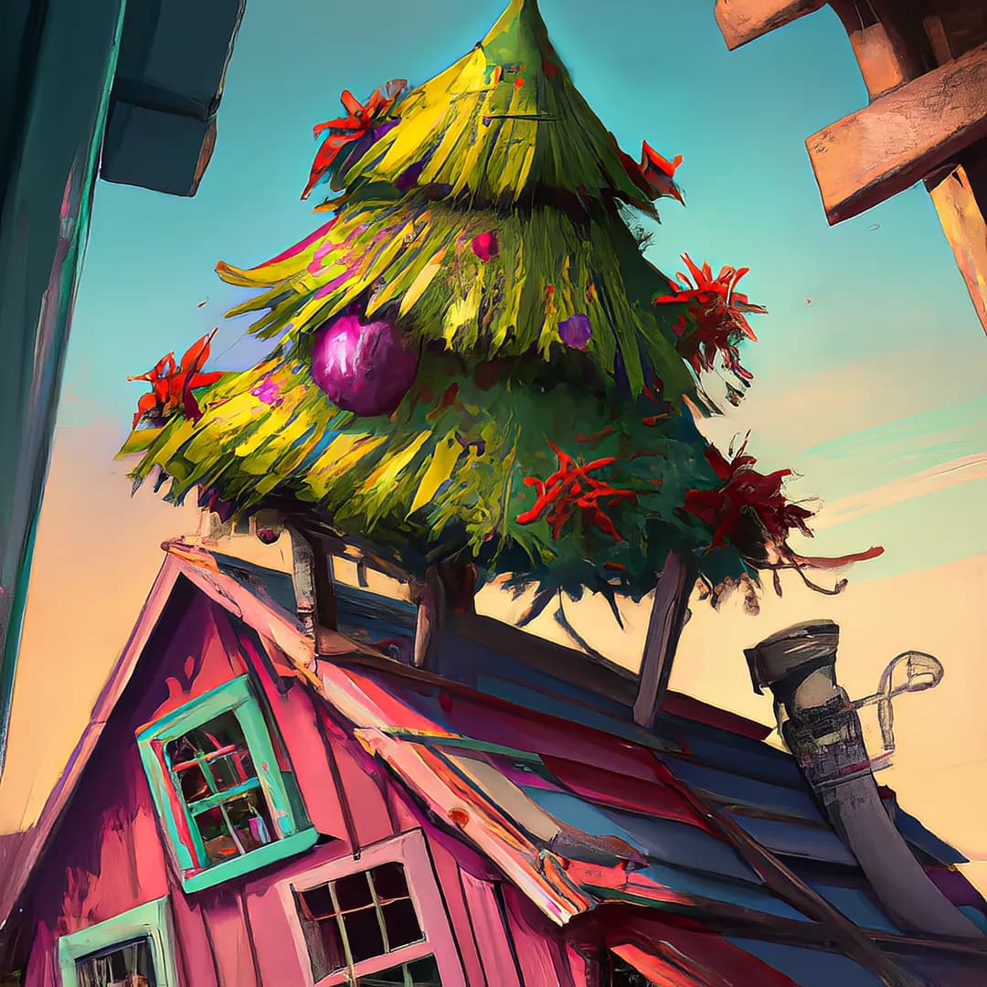 Digital art of a Christmas tree on a rooftop, generated with AI assistance.