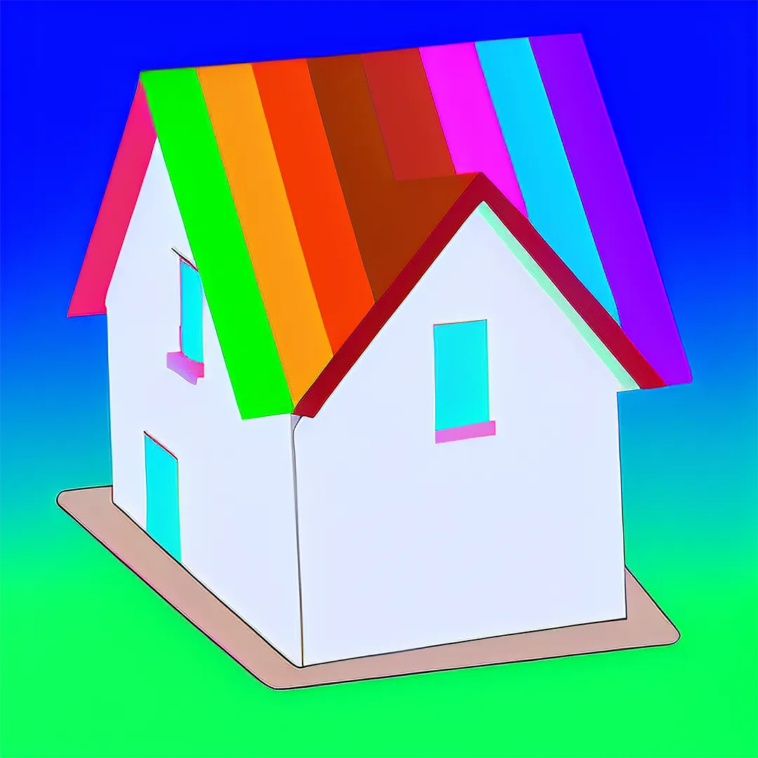 Digital image of a house with a rainbow of colors on its roof, AI assisted.